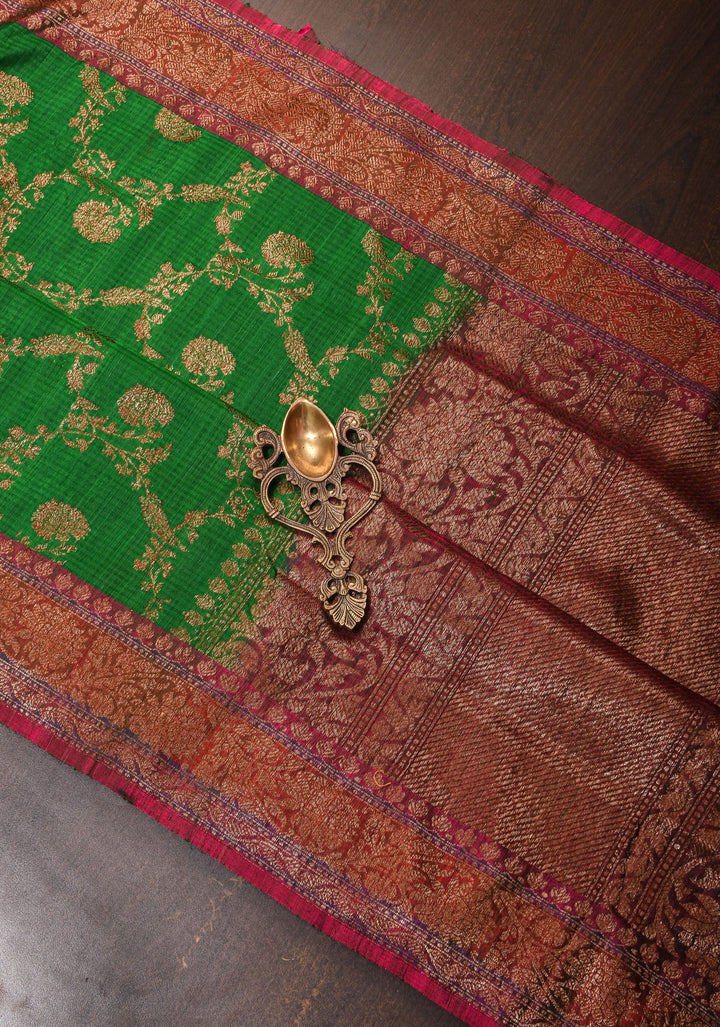 Green Dupion Banarasi Silk Saree with Antique Zari Floral Jaal | SILK MARK CERTIFIED