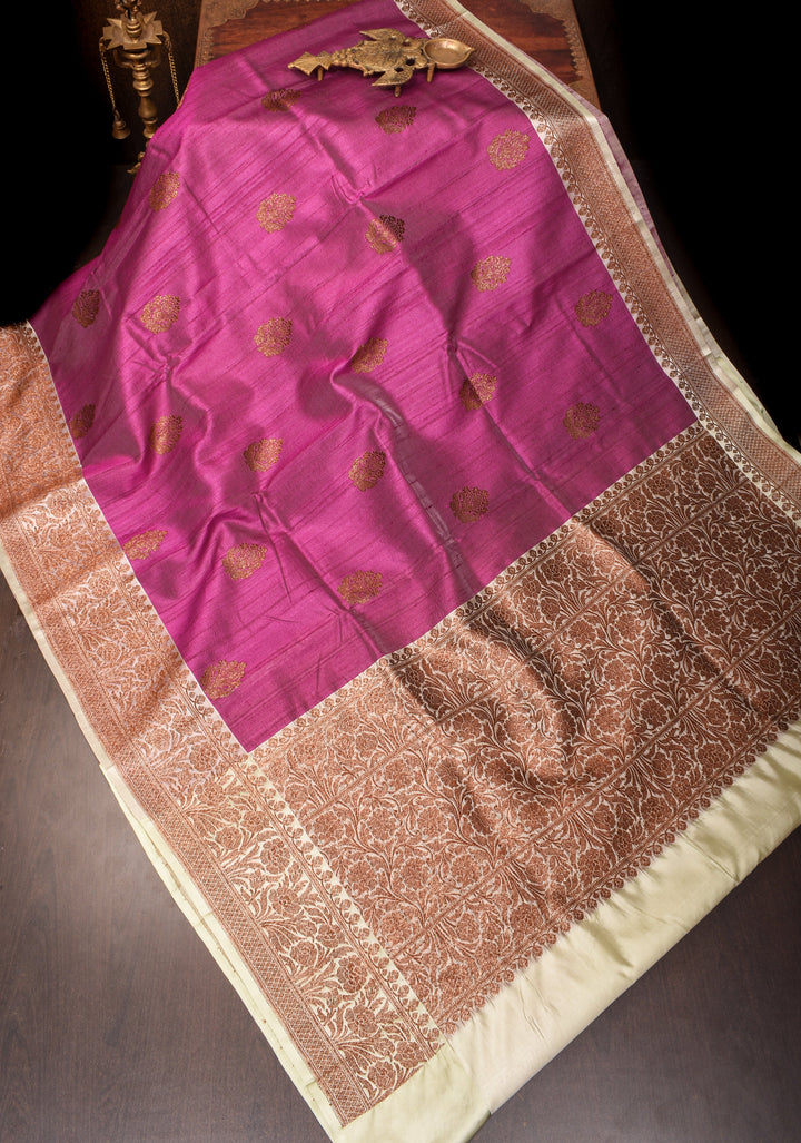 Plum Tussar silk saree with antique zari and cream contrast | SILK MARK CERTIFIED