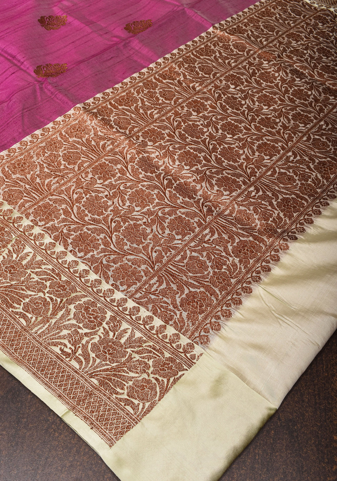 Plum Tussar silk saree with antique zari and cream contrast | SILK MARK CERTIFIED