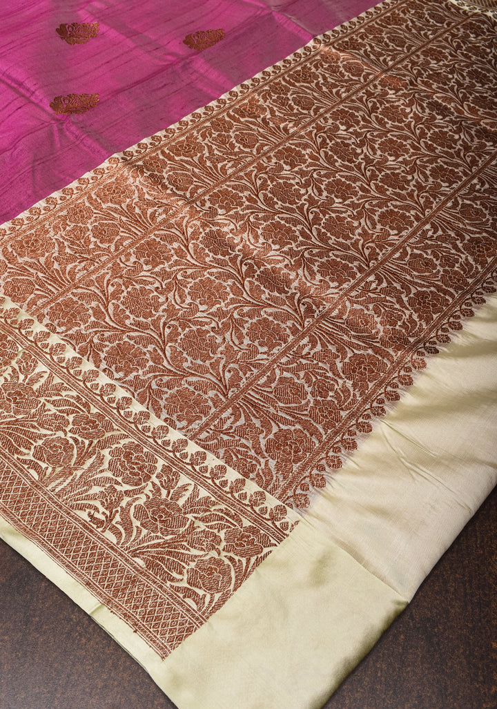 Plum Tussar silk saree with antique zari and cream contrast | SILK MARK CERTIFIED