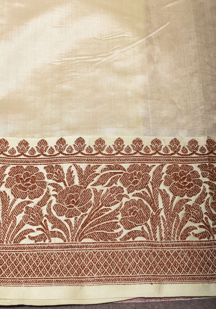 Plum Tussar silk saree with antique zari and cream contrast | SILK MARK CERTIFIED