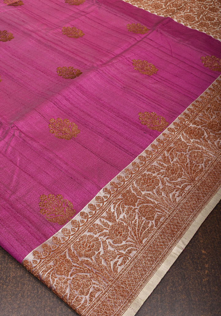 Plum Tussar silk saree with antique zari and cream contrast | SILK MARK CERTIFIED