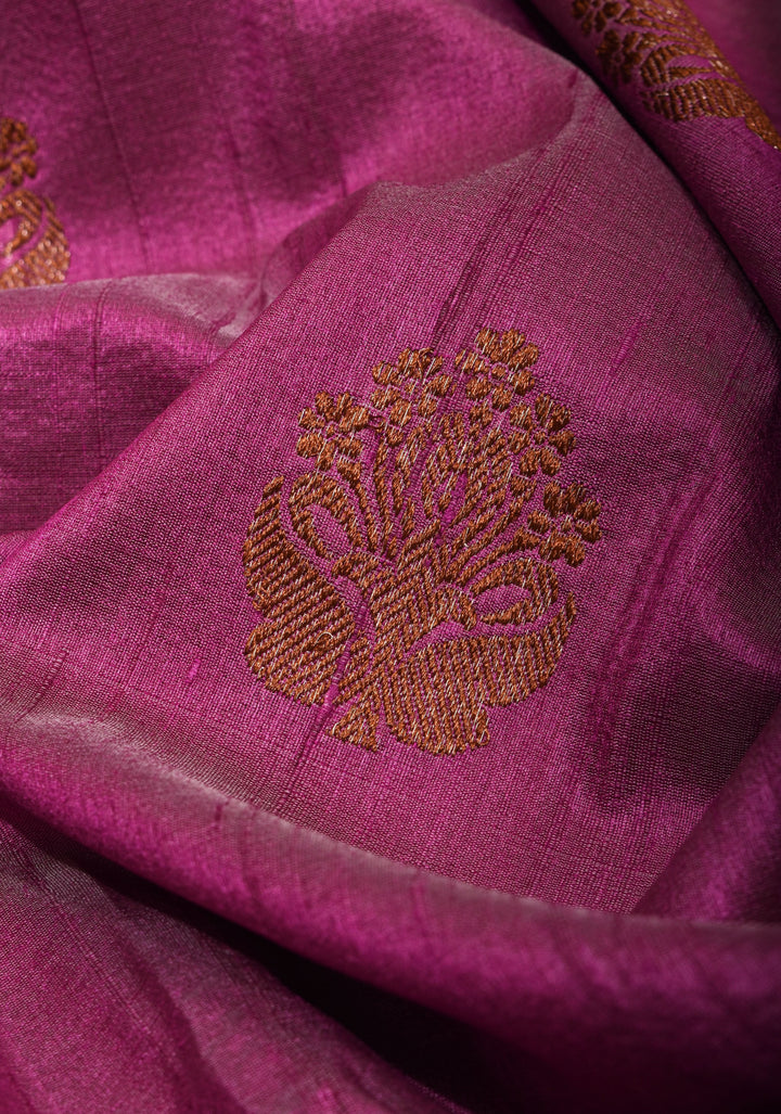 Plum Tussar silk saree with antique zari and cream contrast | SILK MARK CERTIFIED