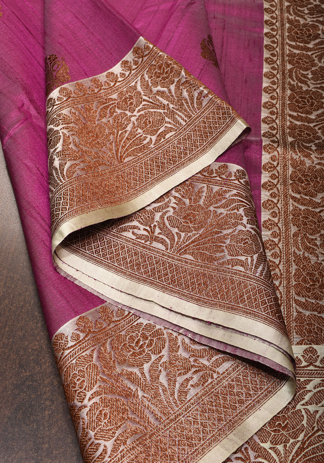 Plum Tussar silk saree with antique zari and cream contrast | SILK MARK CERTIFIED