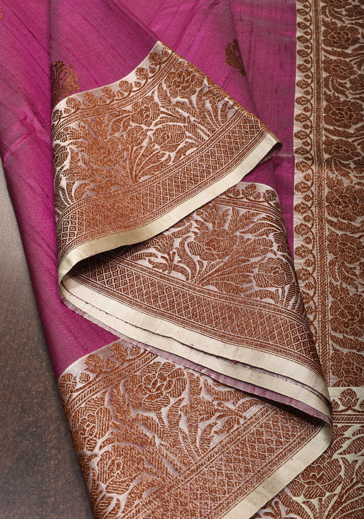 Plum Tussar silk saree with antique zari and cream contrast | SILK MARK CERTIFIED