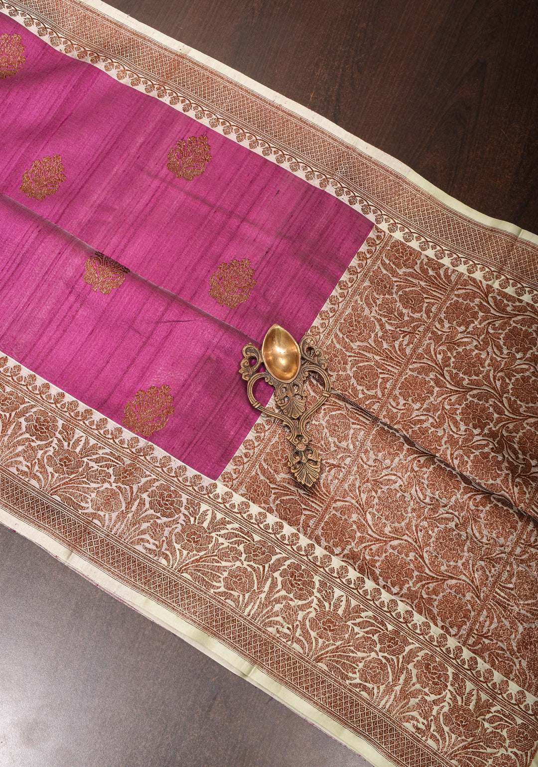 Plum Tussar silk saree with antique zari and cream contrast | SILK MARK CERTIFIED