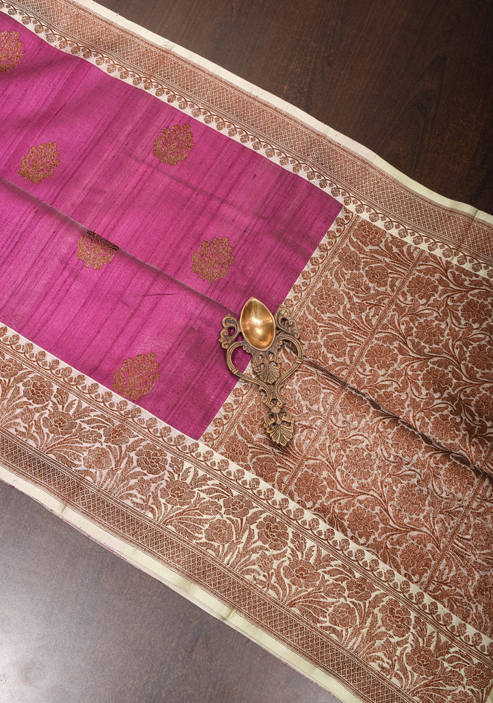 Plum Tussar silk saree with antique zari and cream contrast | SILK MARK CERTIFIED