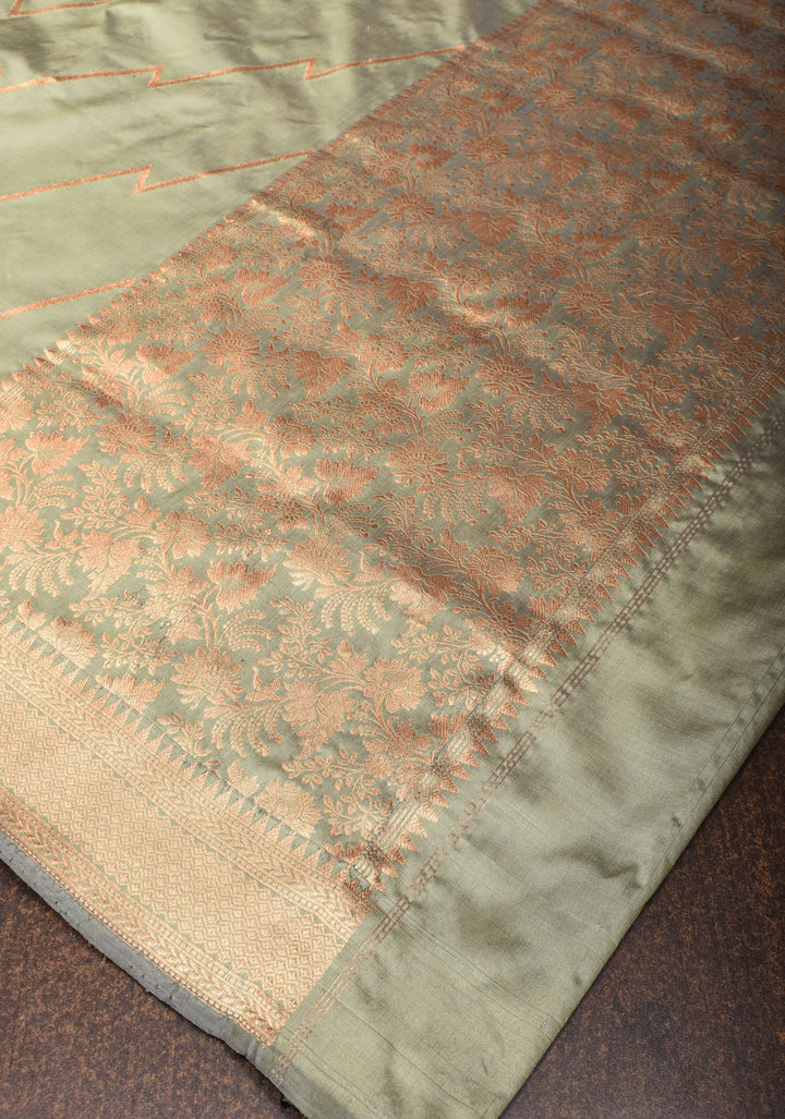 Pale Sage Green Banarasi Katan Silk Saree with Half and Half Pattern | SILK MARK CERTIFIED