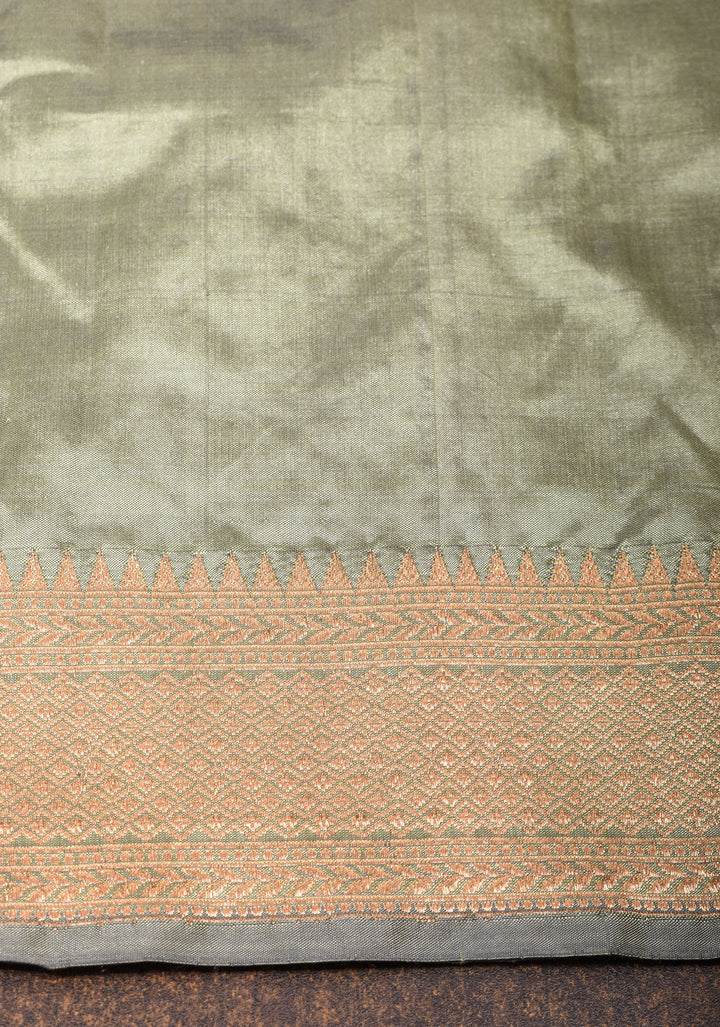 Pale Sage Green Banarasi Katan Silk Saree with Half and Half Pattern | SILK MARK CERTIFIED