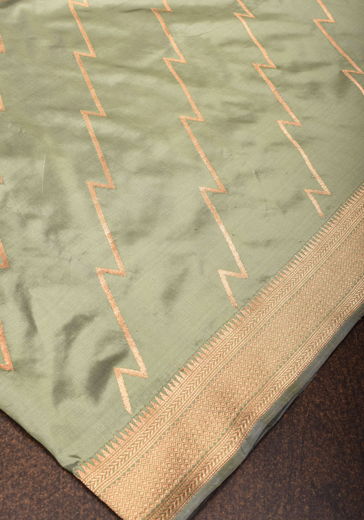 Pale Sage Green Banarasi Katan Silk Saree with Half and Half Pattern | SILK MARK CERTIFIED