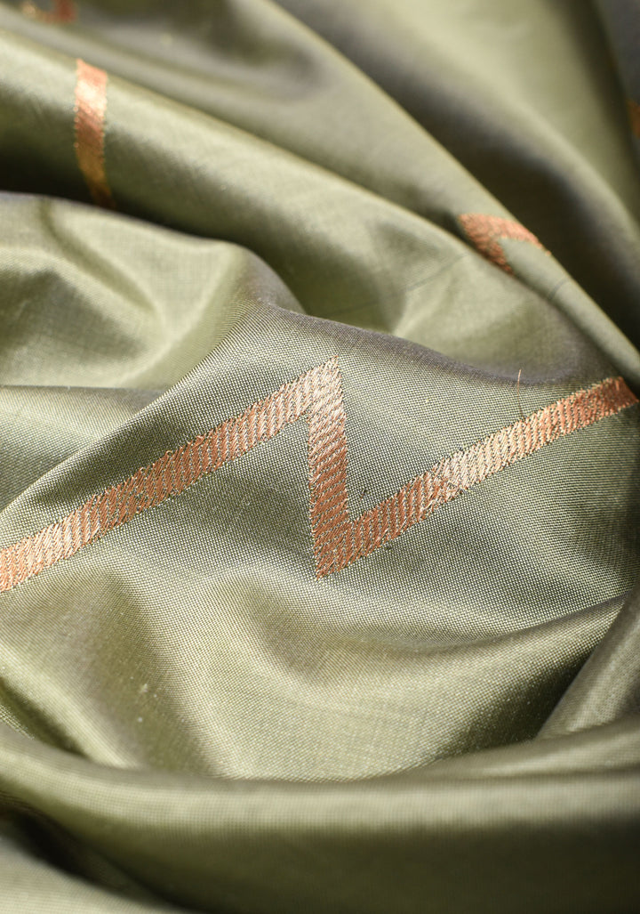 Pale Sage Green Banarasi Katan Silk Saree with Half and Half Pattern | SILK MARK CERTIFIED