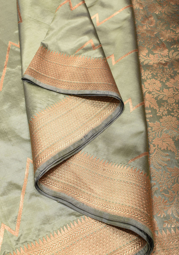Pale Sage Green Banarasi Katan Silk Saree with Half and Half Pattern | SILK MARK CERTIFIED