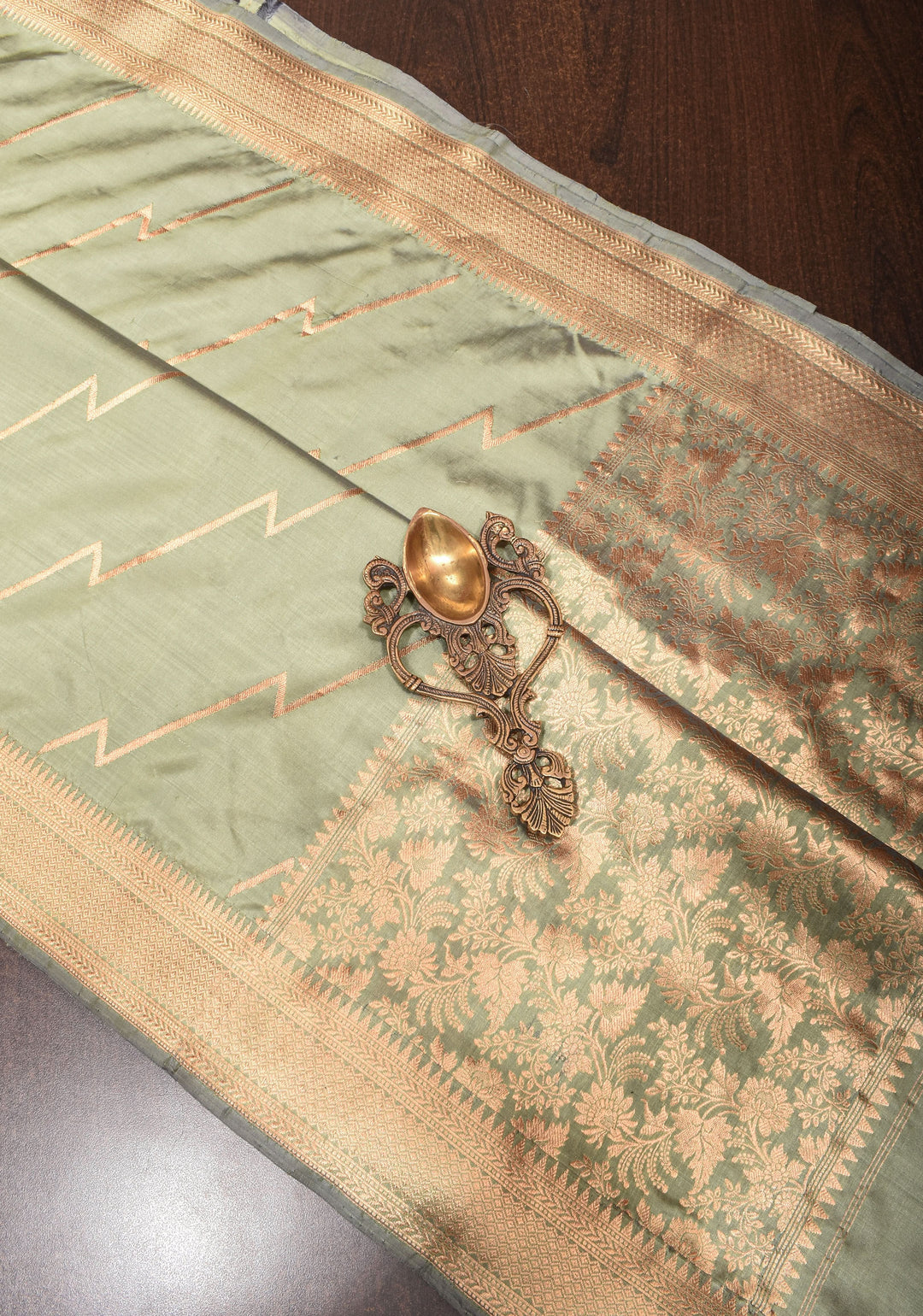 Pale Sage Green Banarasi Katan Silk Saree with Half and Half Pattern | SILK MARK CERTIFIED