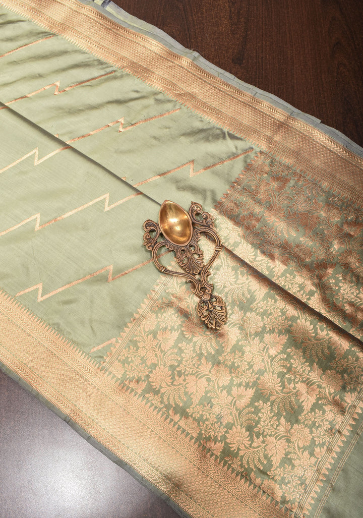 Pale Sage Green Banarasi Katan Silk Saree with Half and Half Pattern | SILK MARK CERTIFIED