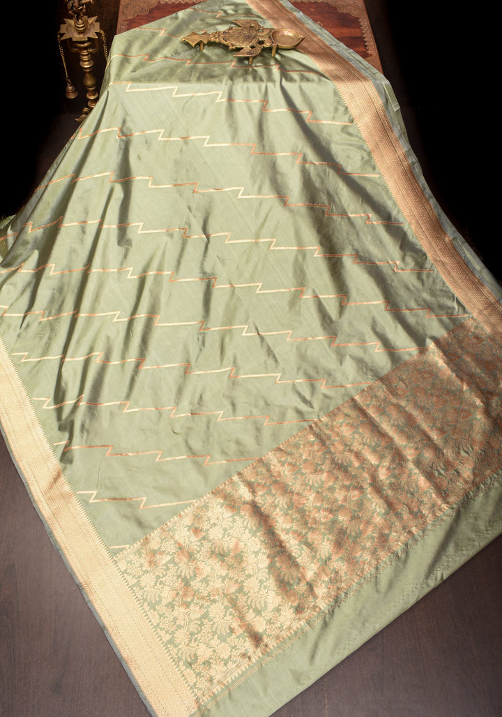Pale Sage Green Banarasi Katan Silk Saree with Half and Half Pattern | SILK MARK CERTIFIED