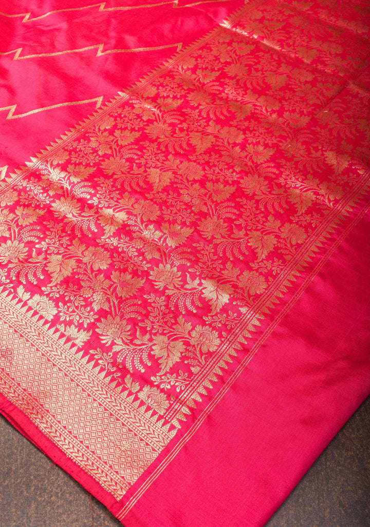 Half Jaal Banarasi Silk Saree with Leheria   in Pinkish Red | SILK MARK CERTIFIED