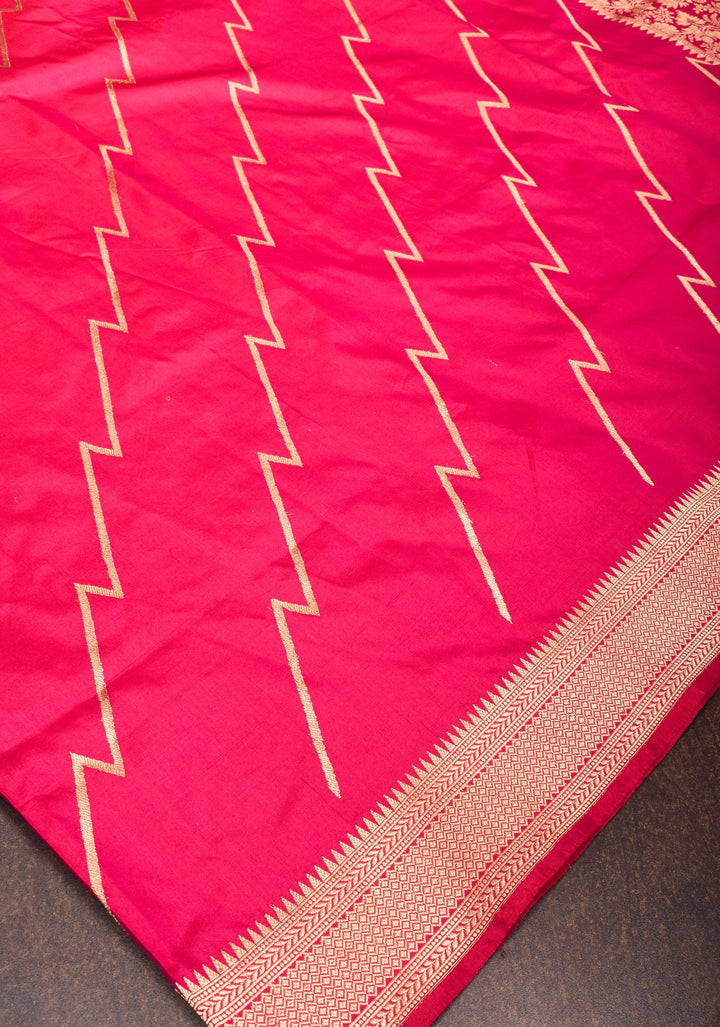 Half Jaal Banarasi Silk Saree with Leheria   in Pinkish Red | SILK MARK CERTIFIED