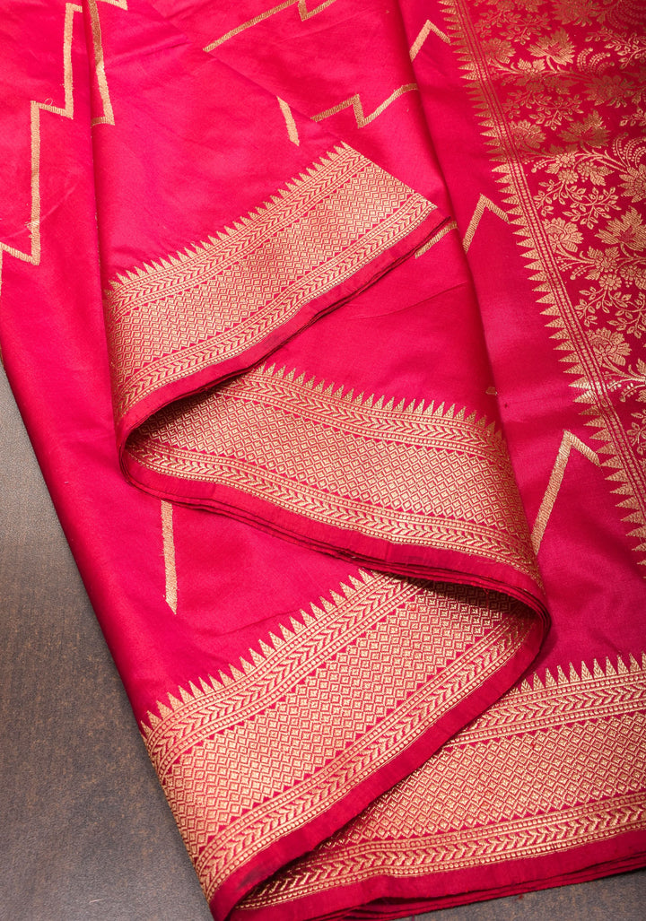 Half Jaal Banarasi Silk Saree with Leheria   in Pinkish Red | SILK MARK CERTIFIED
