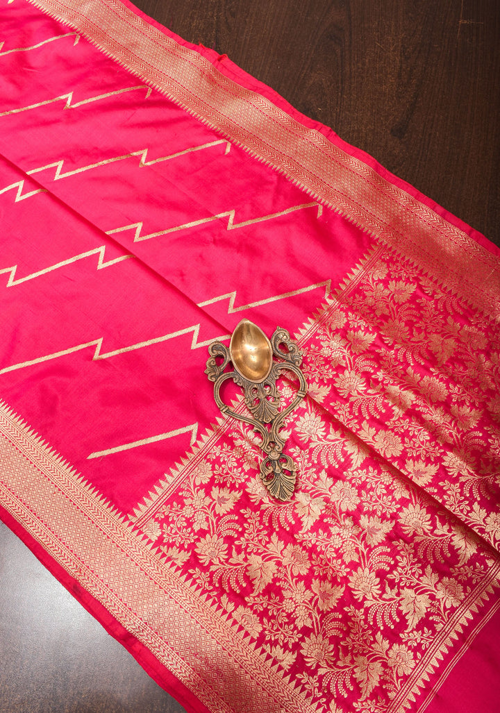 Half Jaal Banarasi Silk Saree with Leheria   in Pinkish Red | SILK MARK CERTIFIED