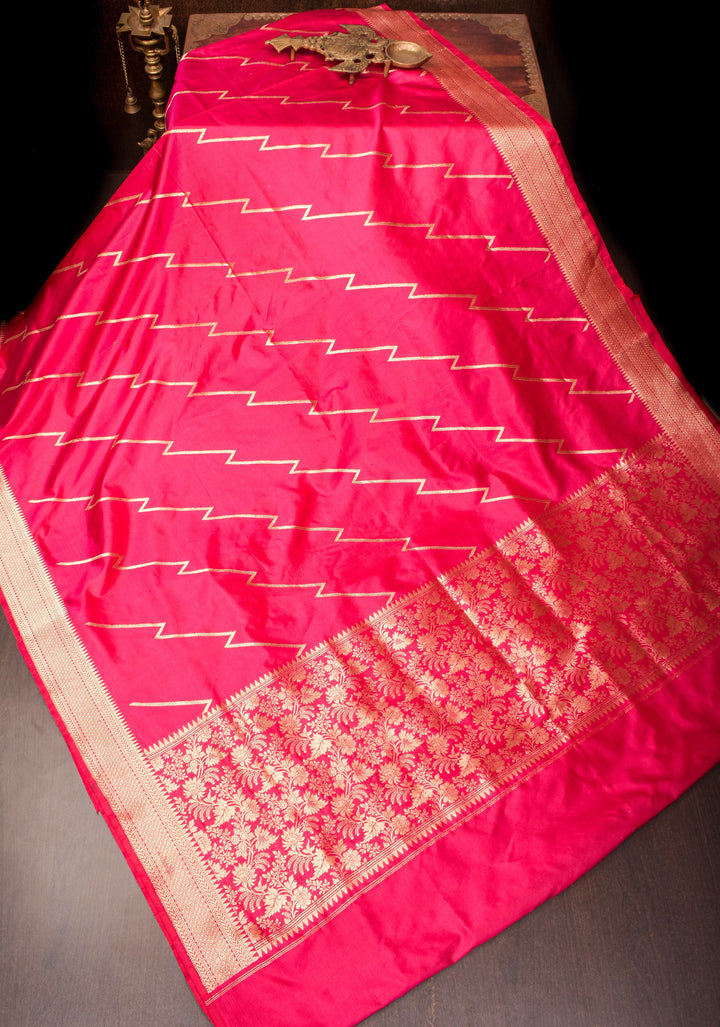 Half Jaal Banarasi Silk Saree with Leheria   in Pinkish Red | SILK MARK CERTIFIED