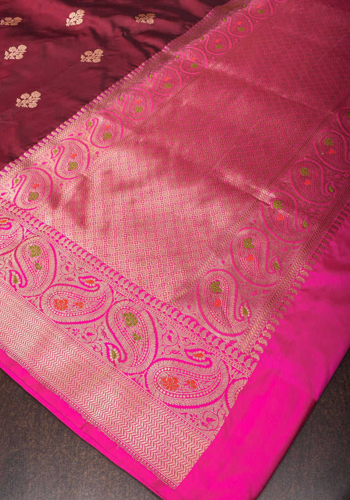 Maroon Katan Silk Saree with Zari Floral buttas and Pink Meenakari Contrast Border | SILK MARK CERTIFIED