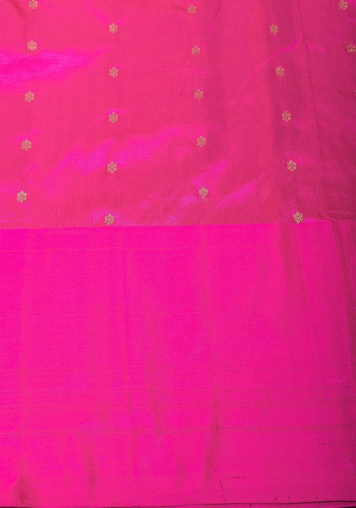 Maroon Katan Silk Saree with Zari Floral buttas and Pink Meenakari Contrast Border | SILK MARK CERTIFIED