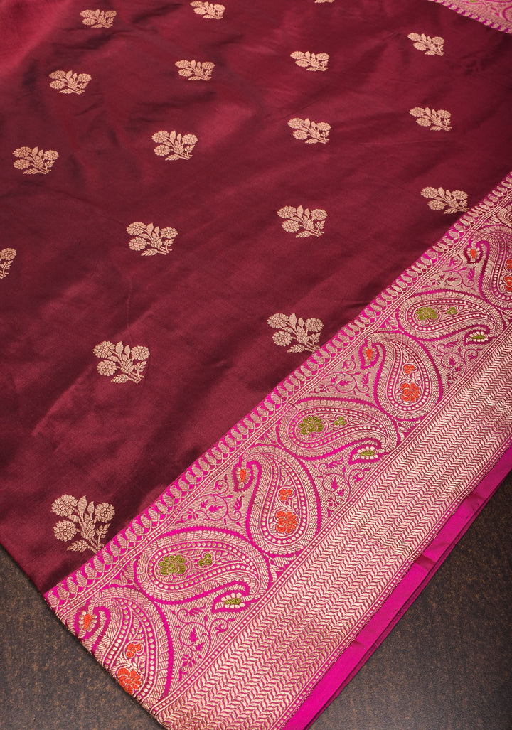 Maroon Katan Silk Saree with Zari Floral buttas and Pink Meenakari Contrast Border | SILK MARK CERTIFIED