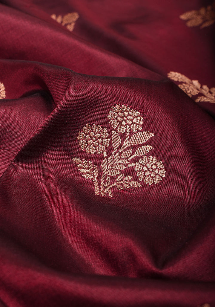 Maroon Katan Silk Saree with Zari Floral buttas and Pink Meenakari Contrast Border | SILK MARK CERTIFIED