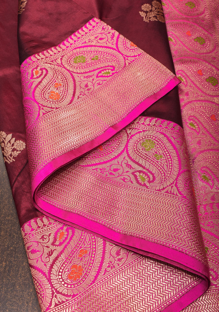 Maroon Katan Silk Saree with Zari Floral buttas and Pink Meenakari Contrast Border | SILK MARK CERTIFIED