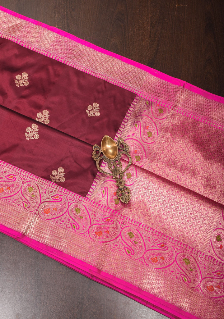 Maroon Katan Silk Saree with Zari Floral buttas and Pink Meenakari Contrast Border | SILK MARK CERTIFIED