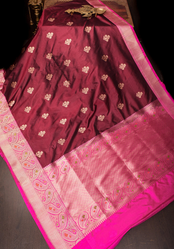 Maroon Katan Silk Saree with Zari Floral buttas and Pink Meenakari Contrast Border | SILK MARK CERTIFIED