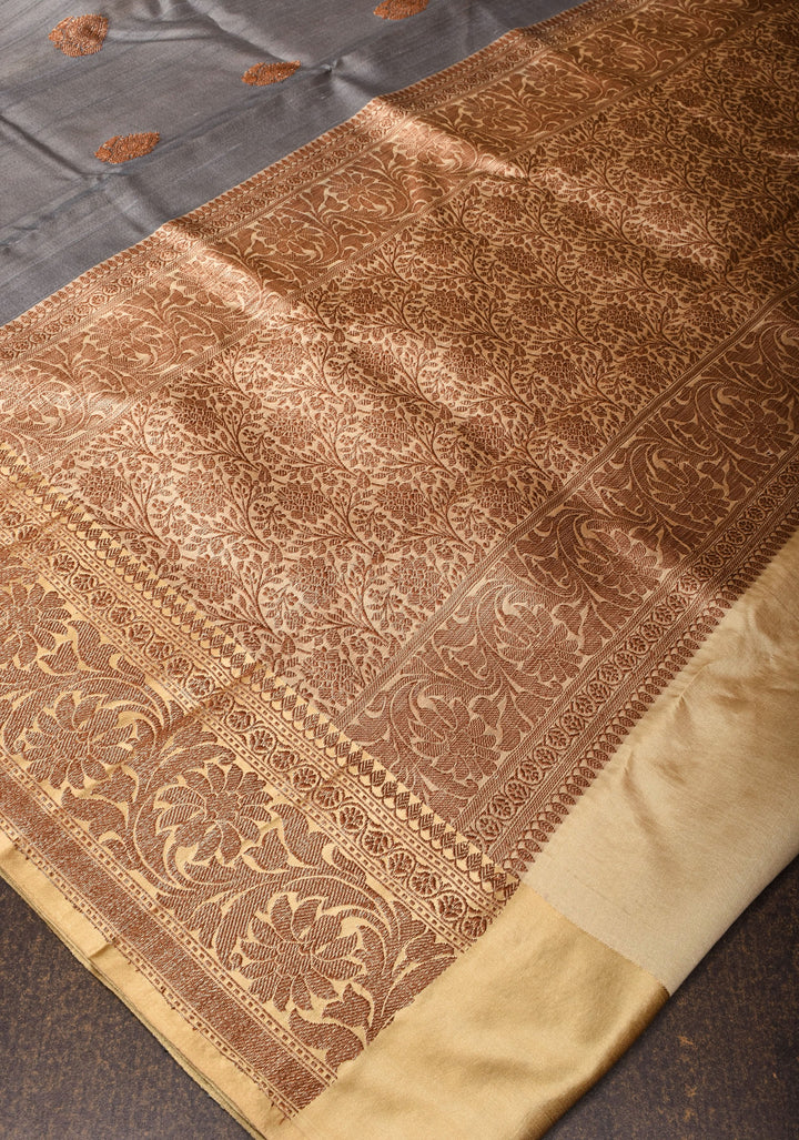 Pure Tussar Silk Banarasi Saree with Antique Zari Kadhuwa Weaving in Gray | SILK MARK CERTIFIED