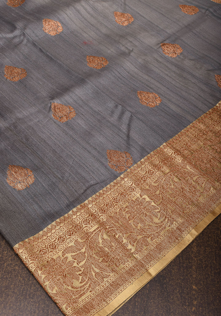 Pure Tussar Silk Banarasi Saree with Antique Zari Kadhuwa Weaving in Gray | SILK MARK CERTIFIED