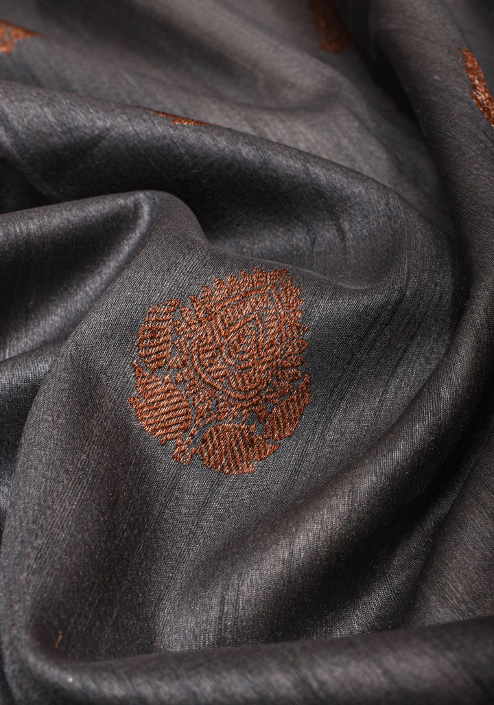 Pure Tussar Silk Banarasi Saree with Antique Zari Kadhuwa Weaving in Gray | SILK MARK CERTIFIED