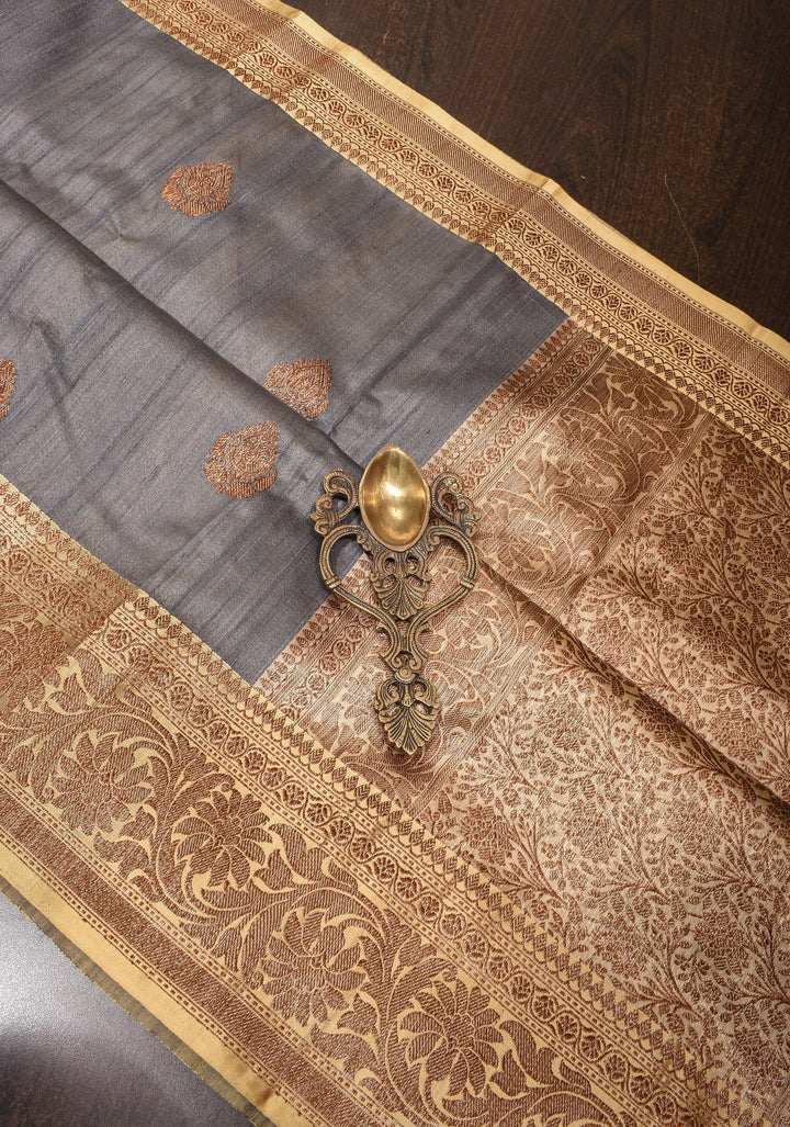 Pure Tussar Silk Banarasi Saree with Antique Zari Kadhuwa Weaving in Gray | SILK MARK CERTIFIED