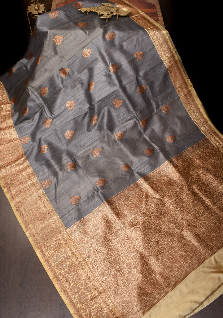 Pure Tussar Silk Banarasi Saree with Antique Zari Kadhuwa Weaving in Gray | SILK MARK CERTIFIED