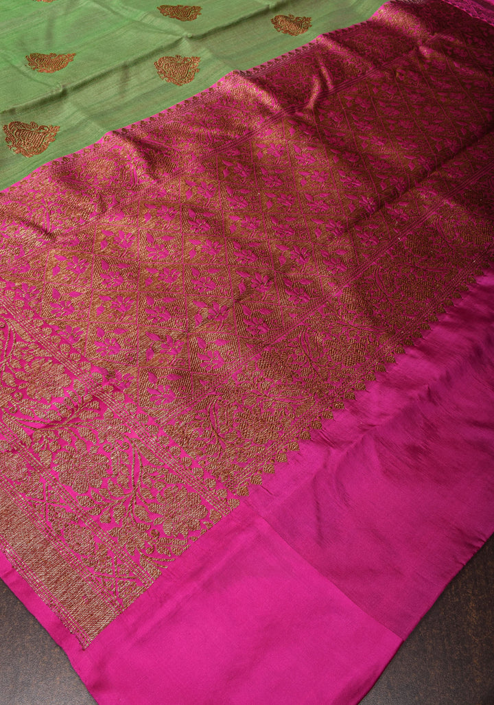 Sea Green Pure Tussar Silk Banarasi Saree with Antique Zari Kadhuwa Weaving | SILK MARK CERTIFIED