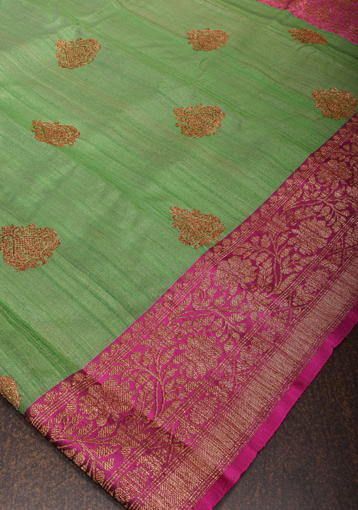 Sea Green Pure Tussar Silk Banarasi Saree with Antique Zari Kadhuwa Weaving | SILK MARK CERTIFIED