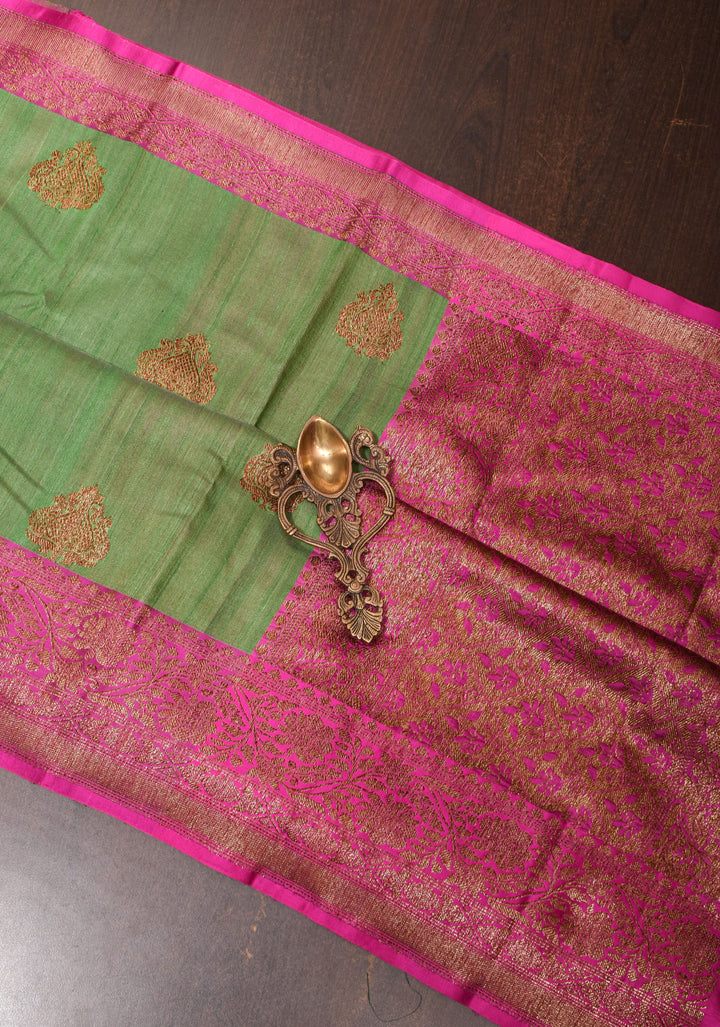 Sea Green Pure Tussar Silk Banarasi Saree with Antique Zari Kadhuwa Weaving | SILK MARK CERTIFIED