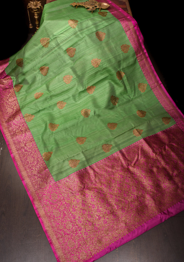 Sea Green Pure Tussar Silk Banarasi Saree with Antique Zari Kadhuwa Weaving | SILK MARK CERTIFIED