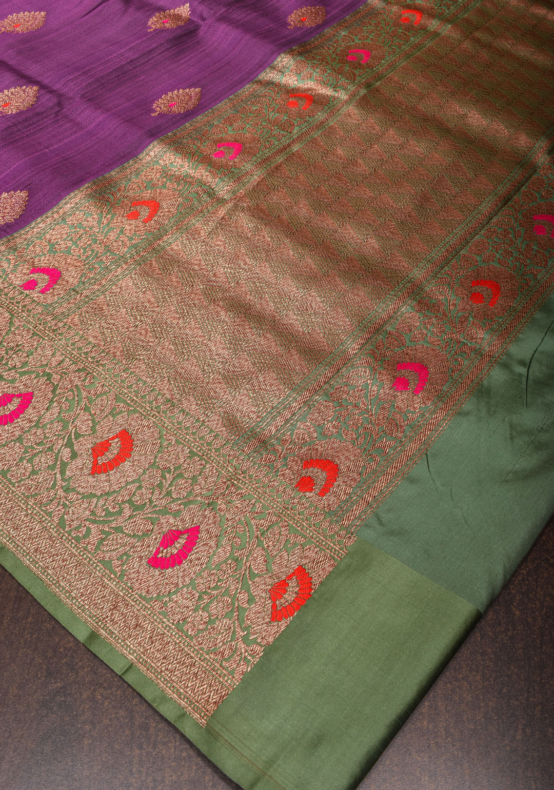 Pure Tussar Banarasi Meenakari Silk Saree with Antique Zari Kadhuwa Weaving in Grape Purple and  Border | SILK MARK CERTIFIED