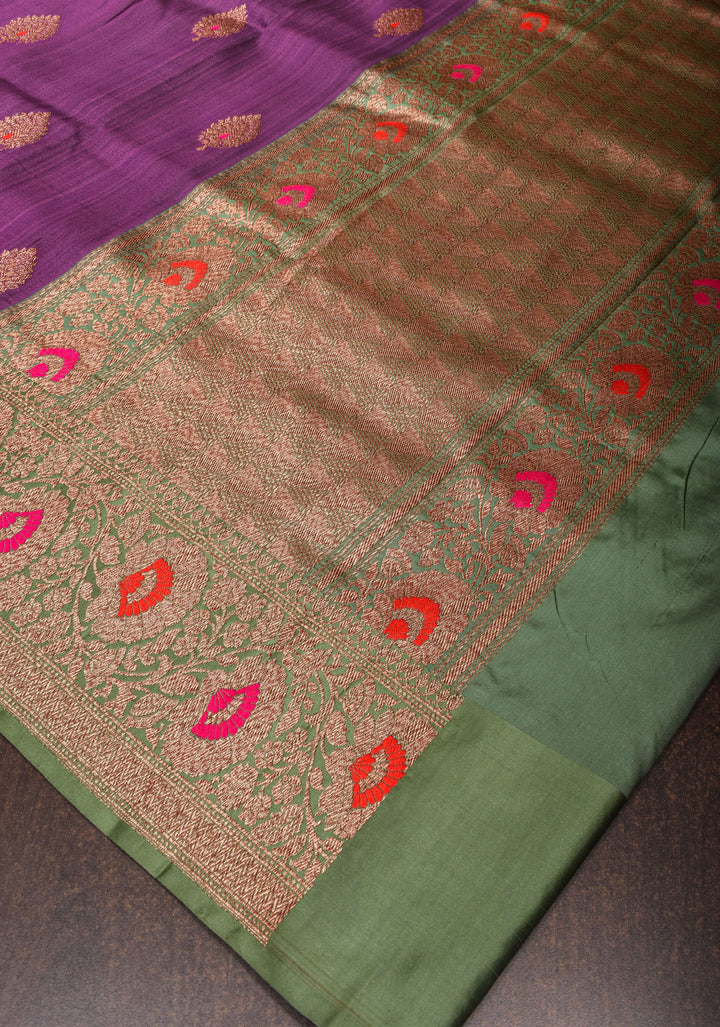 Pure Tussar Banarasi Meenakari Silk Saree with Antique Zari Kadhuwa Weaving in Grape Purple and  Border | SILK MARK CERTIFIED