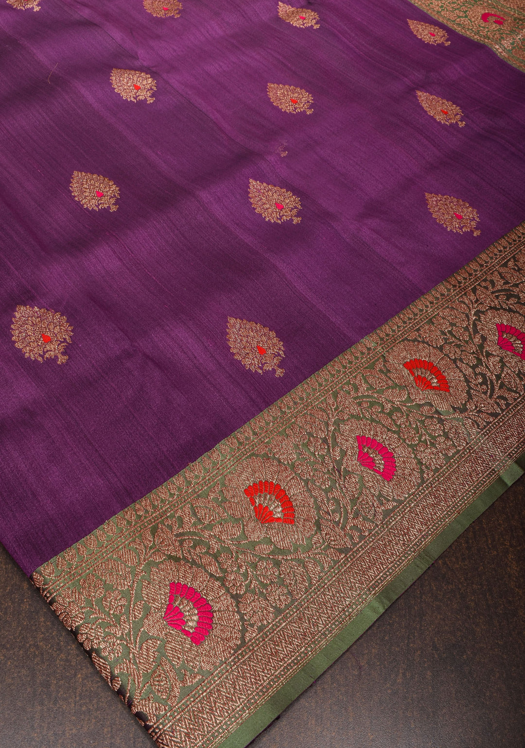 Pure Tussar Banarasi Meenakari Silk Saree with Antique Zari Kadhuwa Weaving in Grape Purple and  Border | SILK MARK CERTIFIED