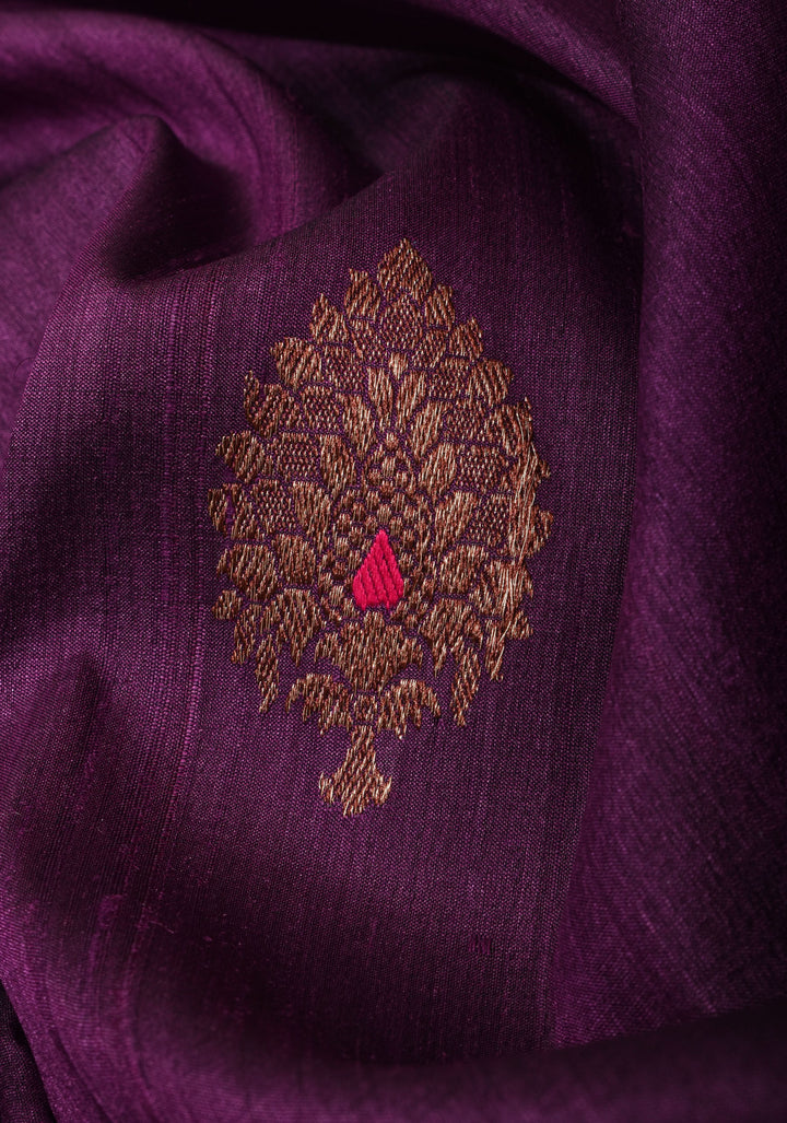 Pure Tussar Banarasi Meenakari Silk Saree with Antique Zari Kadhuwa Weaving in Grape Purple and  Border | SILK MARK CERTIFIED