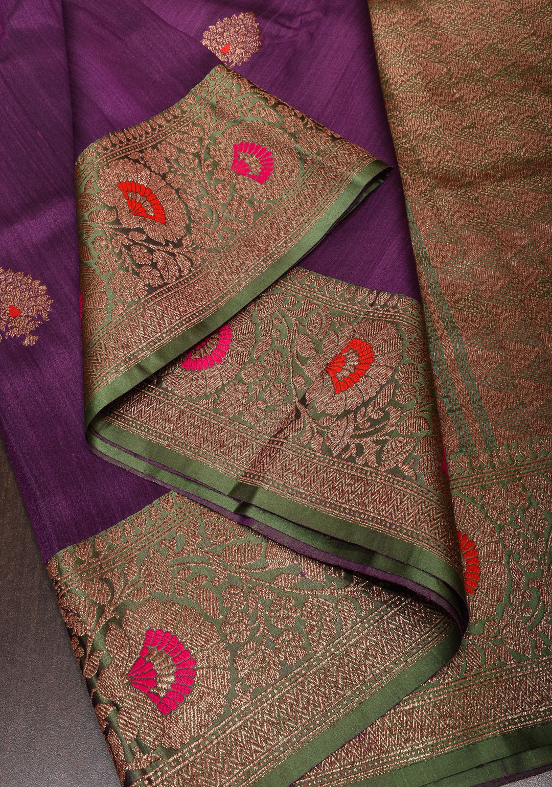 Pure Tussar Banarasi Meenakari Silk Saree with Antique Zari Kadhuwa Weaving in Grape Purple and  Border | SILK MARK CERTIFIED