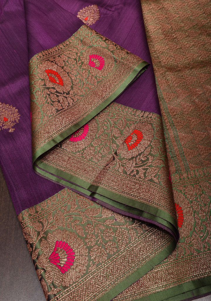 Pure Tussar Banarasi Meenakari Silk Saree with Antique Zari Kadhuwa Weaving in Grape Purple and  Border | SILK MARK CERTIFIED