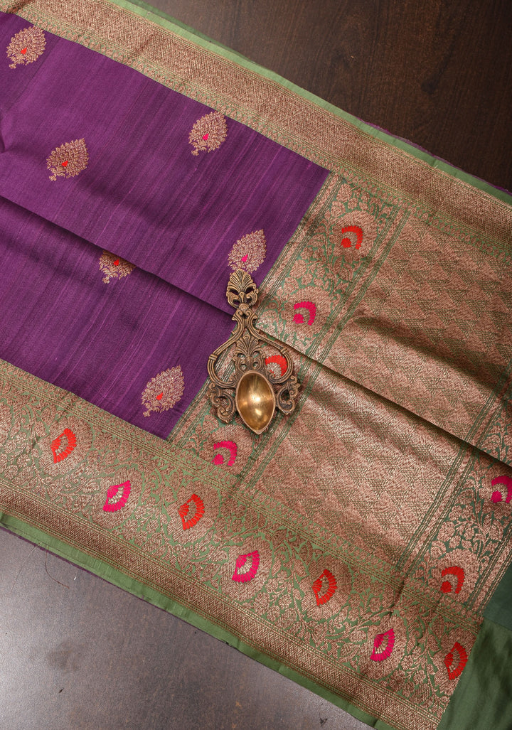 Pure Tussar Banarasi Meenakari Silk Saree with Antique Zari Kadhuwa Weaving in Grape Purple and  Border | SILK MARK CERTIFIED