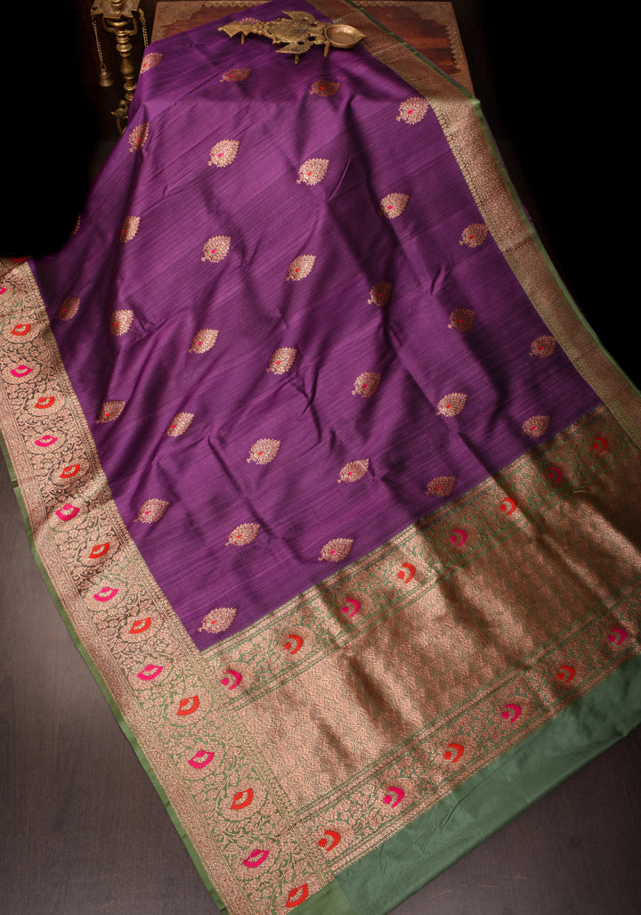 Pure Tussar Banarasi Meenakari Silk Saree with Antique Zari Kadhuwa Weaving in Grape Purple and  Border | SILK MARK CERTIFIED