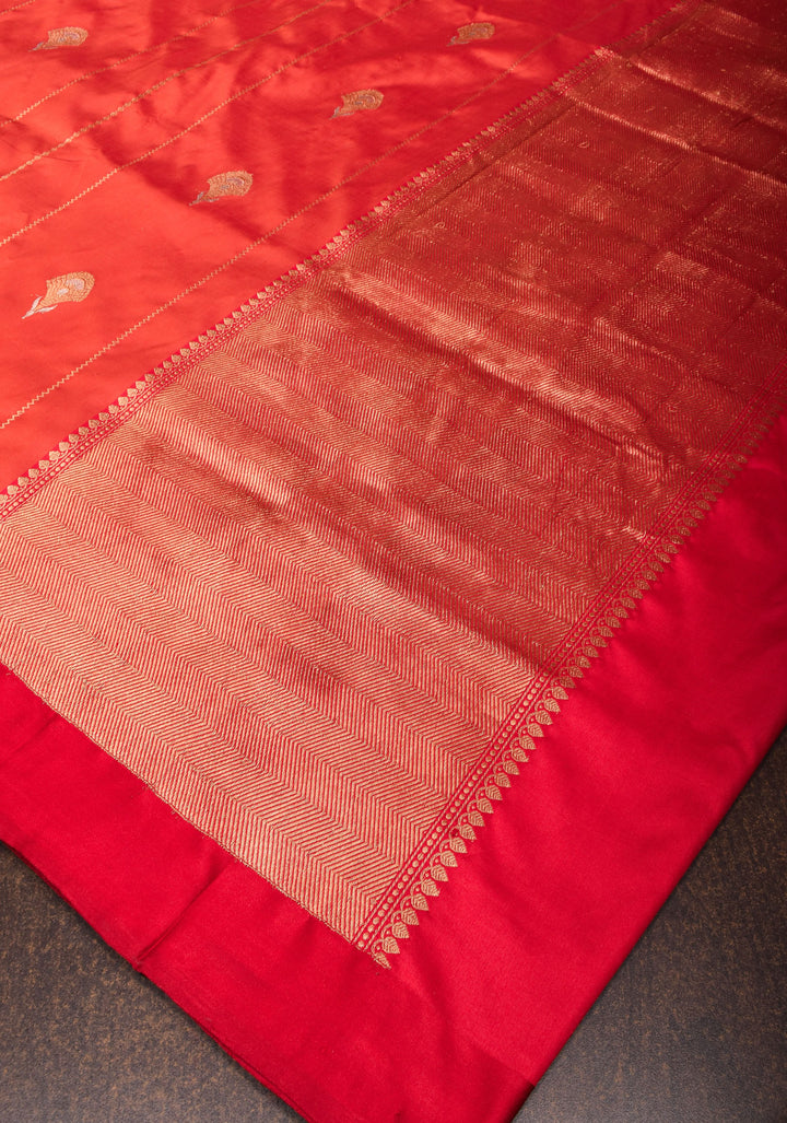 Orangy Red Pure Katan Silk Saree with Zari stripes and Alfi Zari Buttas | SILK MARK CERTIFIED