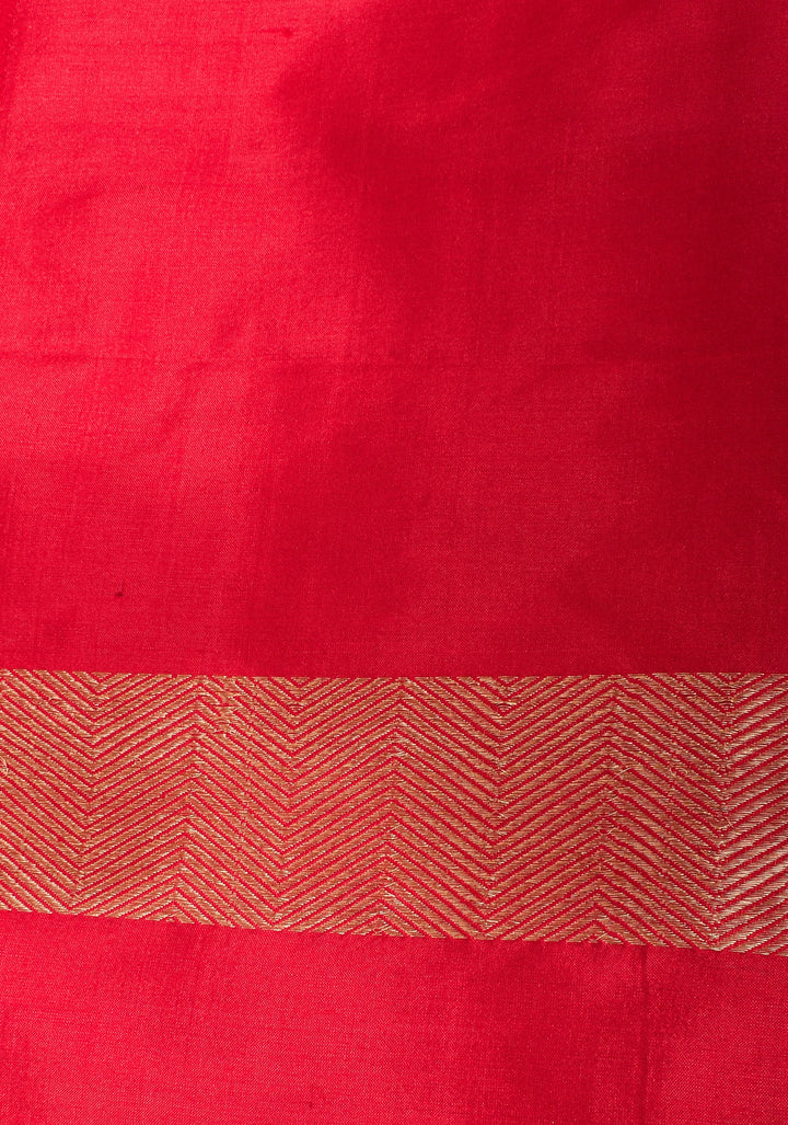 Orangy Red Pure Katan Silk Saree with Zari stripes and Alfi Zari Buttas | SILK MARK CERTIFIED